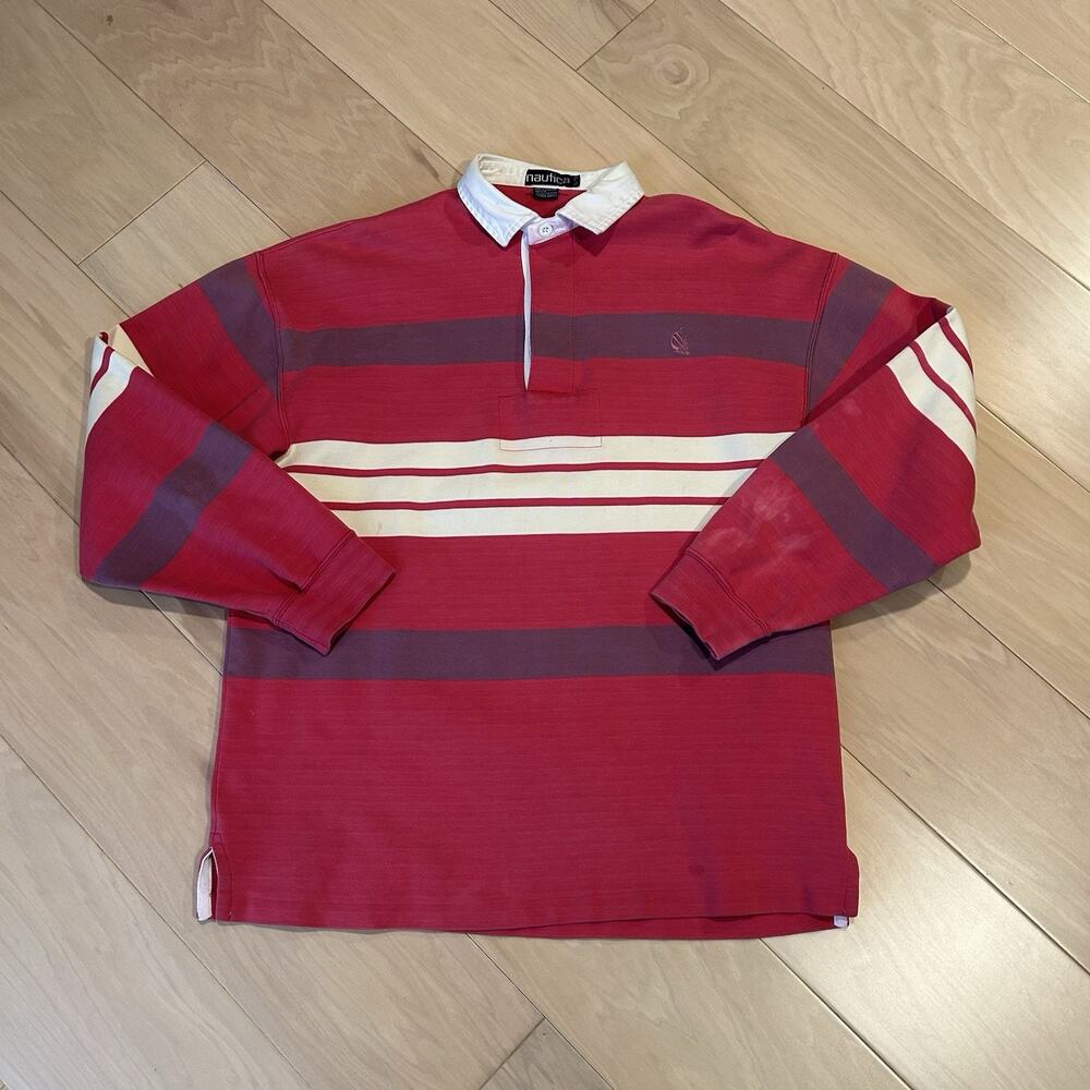 Vintage Nautica Striped Rugby Polo Shirt Long Sleeve *Discoloration Men's XL